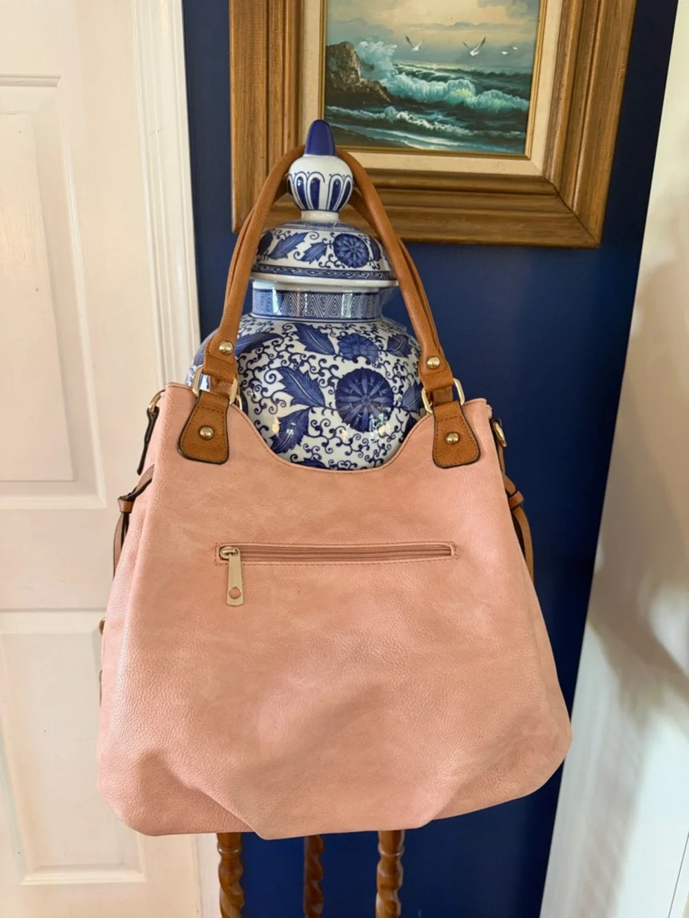 Women’s Michael Kors Dorchester Baby Pink & Tan Leather Hobo Bag Purse